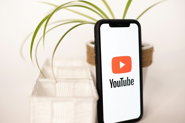 YouTubeを表示したスマートフォンと植木