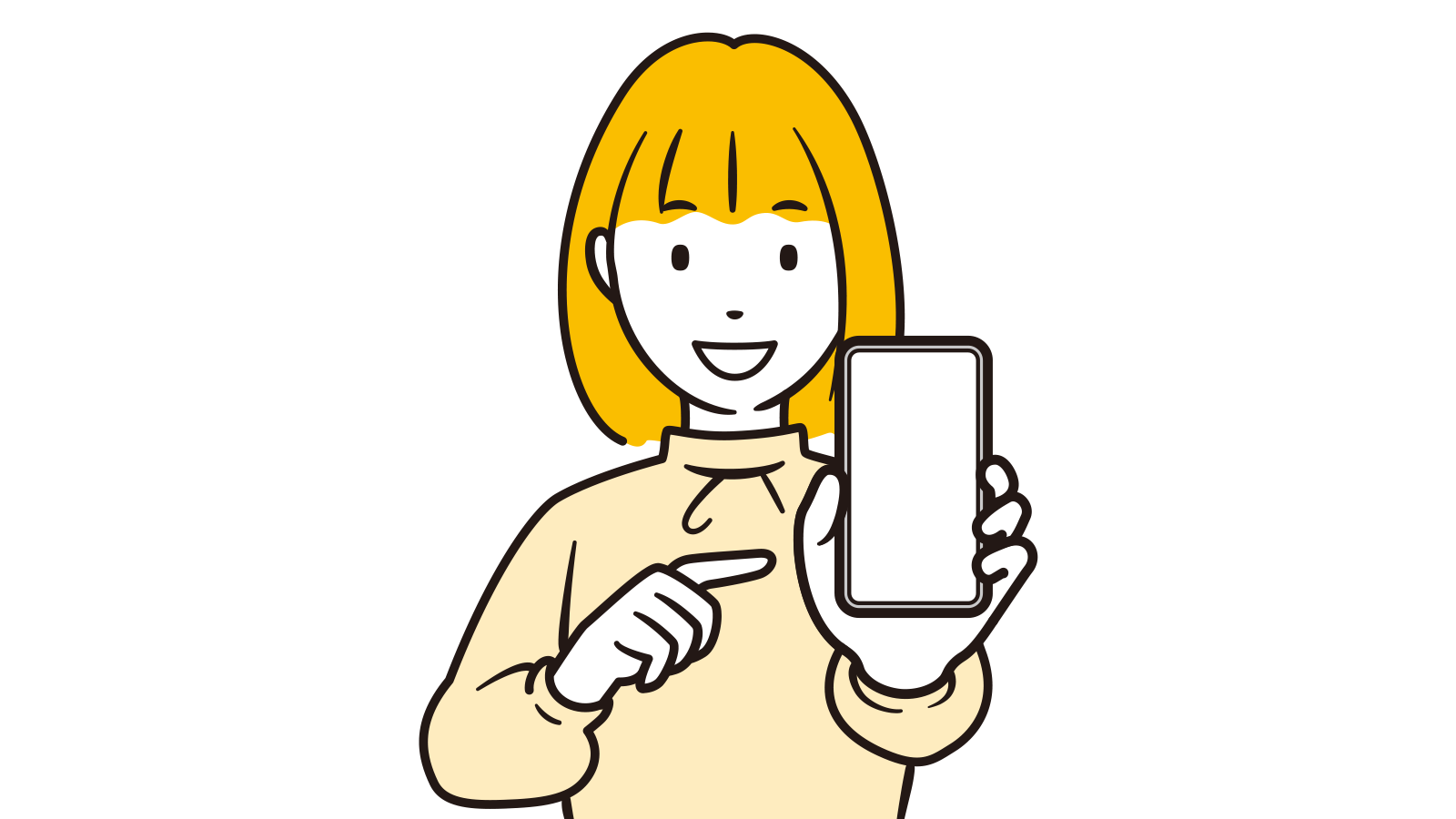 スマートフォンを指さす女性のイラスト