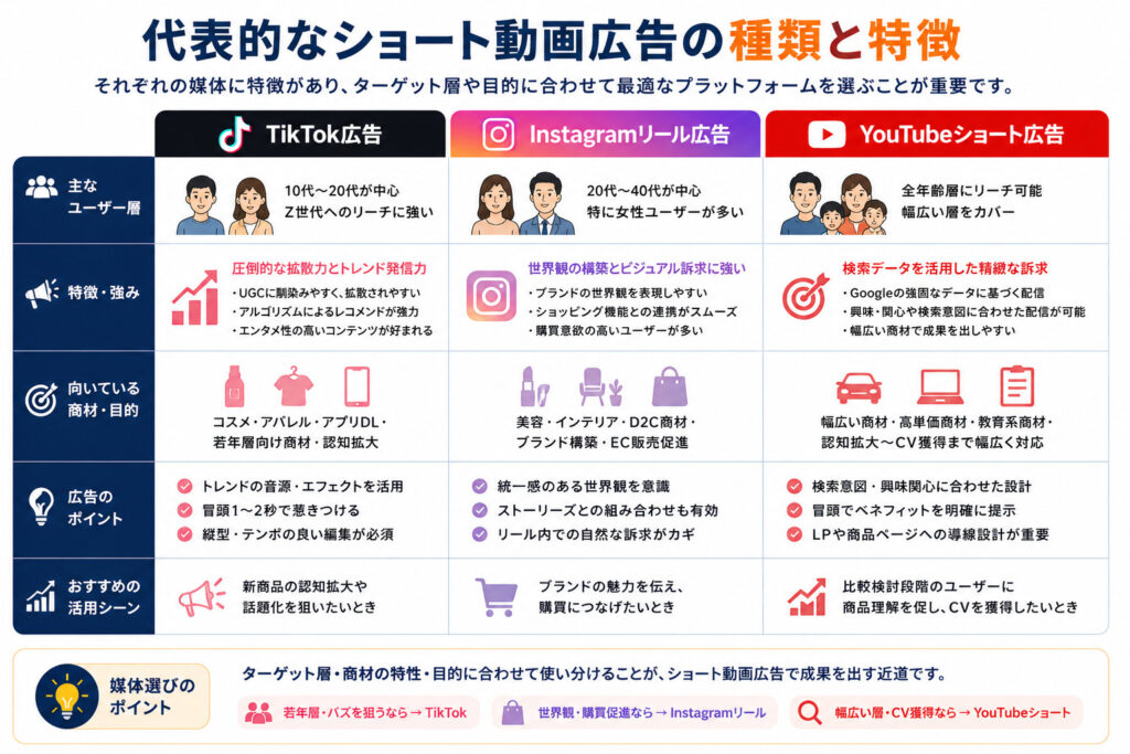 代表的なショート動画広告の種類と特徴